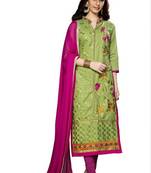 Green embroidered cotton poly unstitched salwar with dupatta