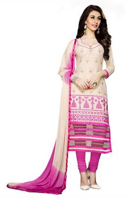 Cream embroidered cotton poly unstitched salwar with dupatta 1