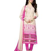 Cream embroidered cotton poly unstitched salwar with dupatta