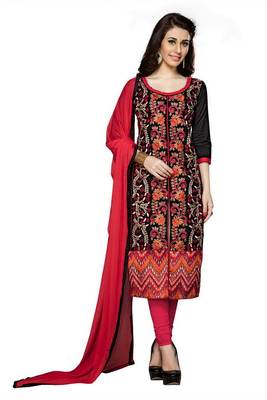 Black embroidered cotton poly unstitched salwar with dupatta 1