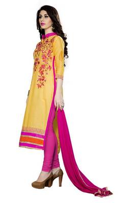 Yellow embroidered cotton poly unstitched salwar with dupatta 2