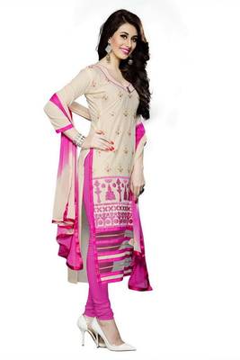 Cream embroidered cotton poly unstitched salwar with dupatta 2