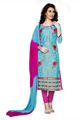 Blue embroidered cotton poly unstitched salwar with dupatta 1