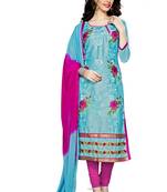 Blue embroidered cotton poly unstitched salwar with dupatta