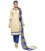 Beige embroidered cotton poly unstitched salwar with dupatta