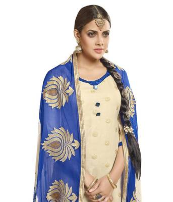 Beige embroidered cotton poly unstitched salwar with dupatta 2