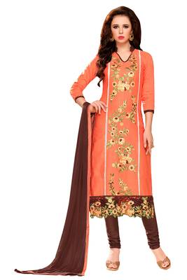 Peach embroidered cotton poly unstitched salwar with dupatta 1