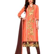 Peach embroidered cotton poly unstitched salwar with dupatta