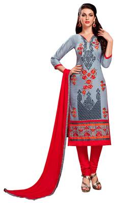 Grey embroidered cotton poly unstitched salwar with dupatta 1