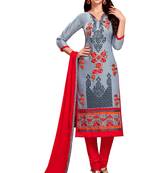 Grey embroidered cotton poly unstitched salwar with dupatta