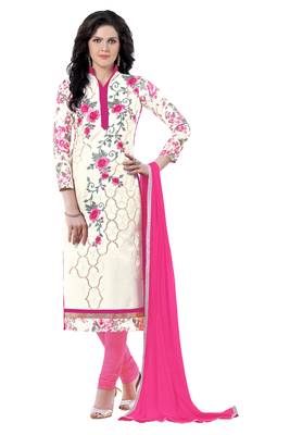 White embroidered cotton poly unstitched salwar with dupatta 1