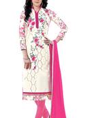 White embroidered cotton poly unstitched salwar with dupatta