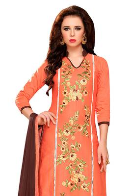 Peach embroidered cotton poly unstitched salwar with dupatta 2