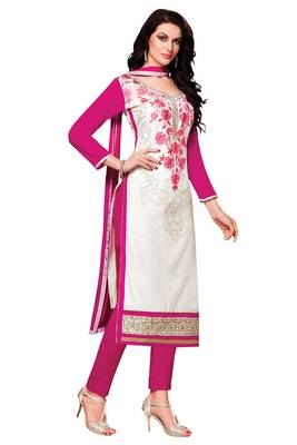 White embroidered cotton poly unstitched salwar with dupatta 2