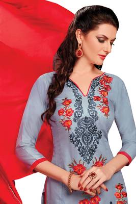 Grey embroidered cotton poly unstitched salwar with dupatta 2
