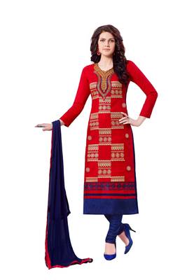 Red embroidered cotton poly unstitched salwar with dupatta 1