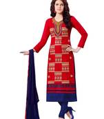 Red embroidered cotton poly unstitched salwar with dupatta
