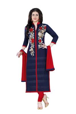 Blue embroidered cotton poly unstitched salwar with dupatta 1