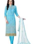 Blue embroidered cotton poly unstitched salwar with dupatta