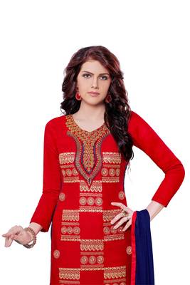 Red embroidered cotton poly unstitched salwar with dupatta 2