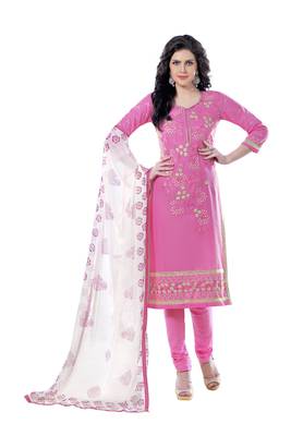 Pink embroidered cotton poly unstitched salwar with dupatta 1