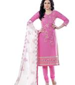 Pink embroidered cotton poly unstitched salwar with dupatta