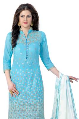 Blue embroidered cotton poly unstitched salwar with dupatta 2