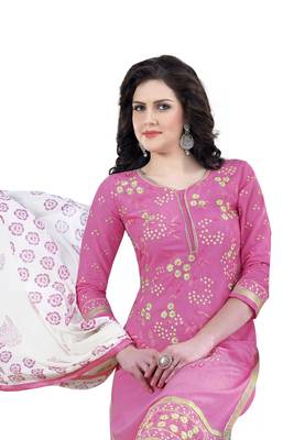 Pink embroidered cotton poly unstitched salwar with dupatta 2