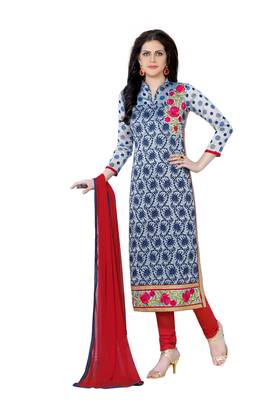 Blue embroidered cotton poly unstitched salwar with dupatta 1