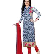 Blue embroidered cotton poly unstitched salwar with dupatta