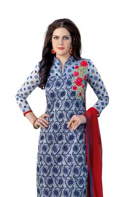 Blue embroidered cotton poly unstitched salwar with dupatta 2