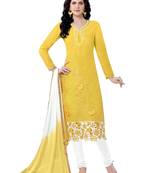 Yellow embroidered cotton poly unstitched salwar with dupatta