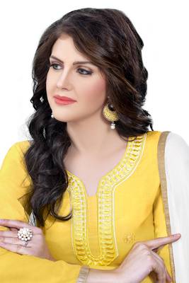 Yellow embroidered cotton poly unstitched salwar with dupatta 2