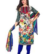 Multicolor embroidered faux crepe unstitched salwar with dupatta