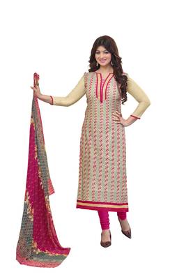 Beige embroidered cotton poly unstitched salwar with dupatta 1