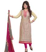 Beige embroidered cotton poly unstitched salwar with dupatta