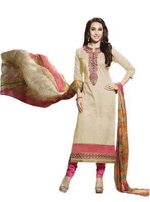 Beige embroidered cotton poly unstitched salwar with dupatta 1