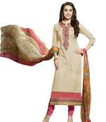 Beige embroidered cotton poly unstitched salwar with dupatta