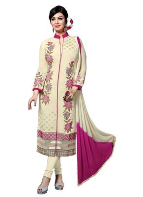 Cream embroidered faux georgette unstitched salwar with dupatta 1