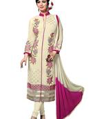 Cream embroidered faux georgette unstitched salwar with dupatta