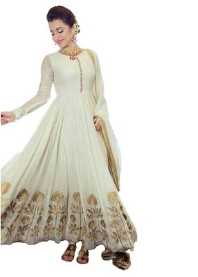 White embroidered faux georgette unstitched salwar with dupatta 1