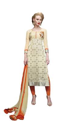 Beige embroidered faux georgette unstitched salwar with dupatta 1