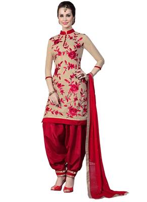Beige embroidered cotton poly unstitched salwar with dupatta 1