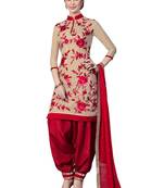 Beige embroidered cotton poly unstitched salwar with dupatta