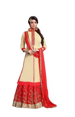 Beige embroidered faux georgette unstitched salwar with dupatta 1