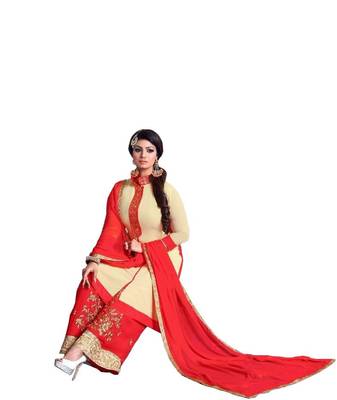 Beige embroidered faux georgette unstitched salwar with dupatta 2