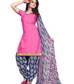 Pink embroidered cotton poly unstitched salwar with dupatta