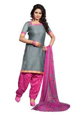 Grey embroidered cotton poly unstitched salwar with dupatta 1
