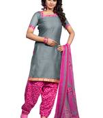 Grey embroidered cotton poly unstitched salwar with dupatta