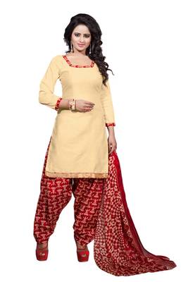 Beige embroidered cotton poly unstitched salwar with dupatta 1